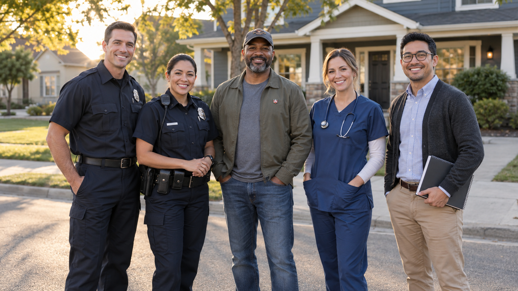 Community heroes standing together in a neighborhood